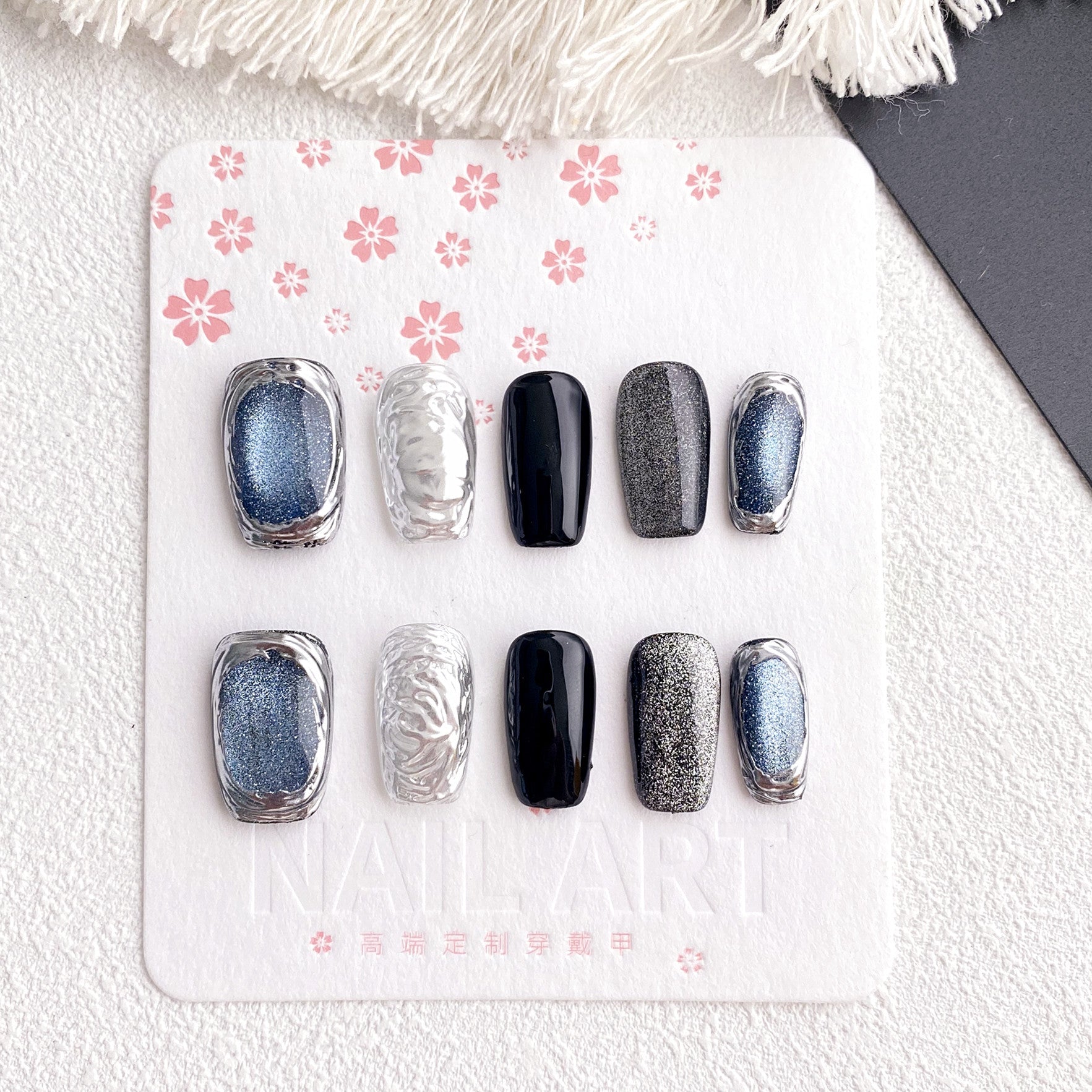 Chic Handmade Black Magic Mirror Cat Eye Fall Nails, Original Photo Nail Patches