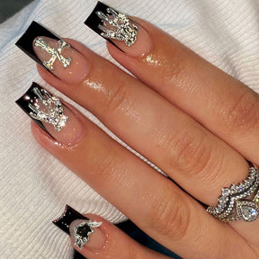 Black French Edge Mid-Water Pipe Nails with Butterfly and  Rhinestones