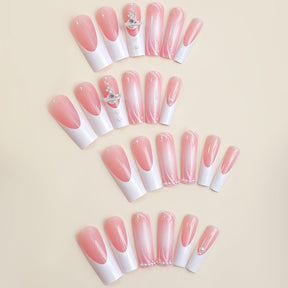 Long Detachable Nail Tips with Rhinestones and Pearl White Edge