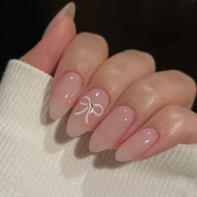 Nude Minimalist White Bow Fall Nails - Removable Nail Tips