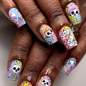 Cute Cartoon Skull Halloween Nails, Colorful Gradient