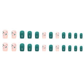 24-Piece Mid-Length Square Green Leaf Nail Stickers