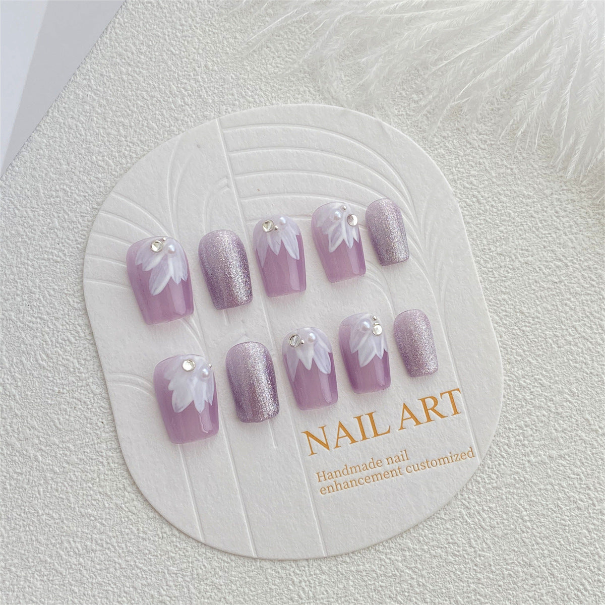 Chic Handmade Fine Sparkle Lotus Fall Nails, Ultra-Short Staircase Nail Patches