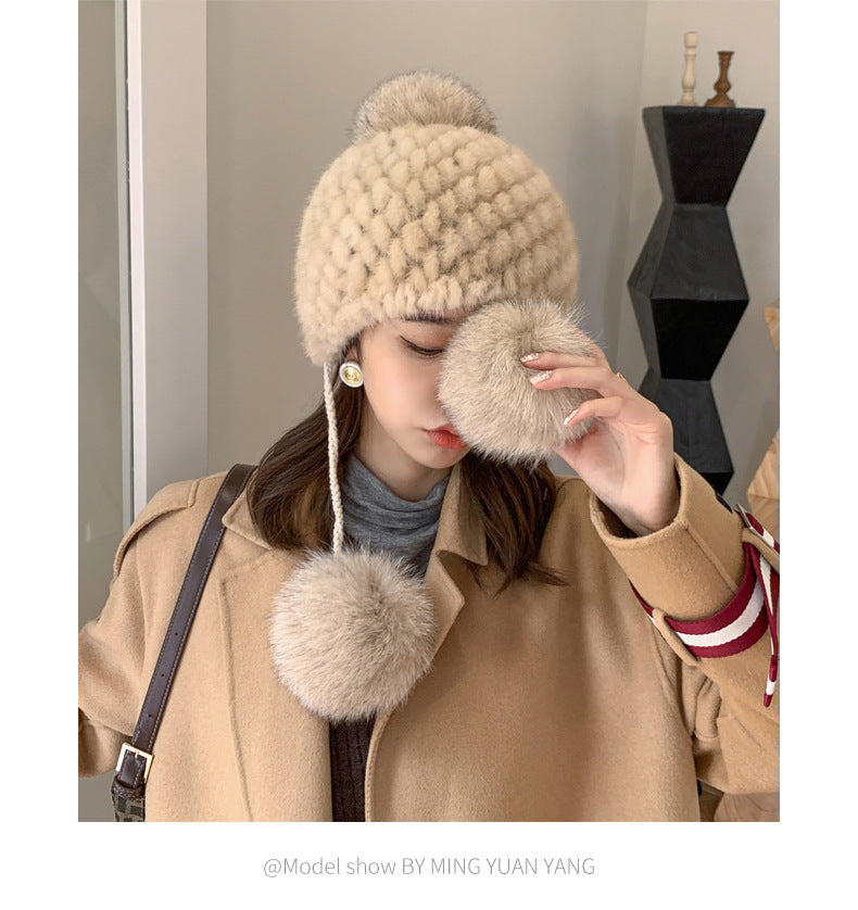 Winter Fox Pom Pom Mink Fur Hat for Women