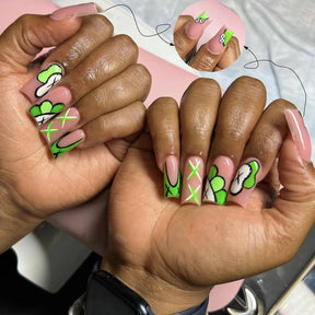 Spring Green French Nails with Cartoon Patterns