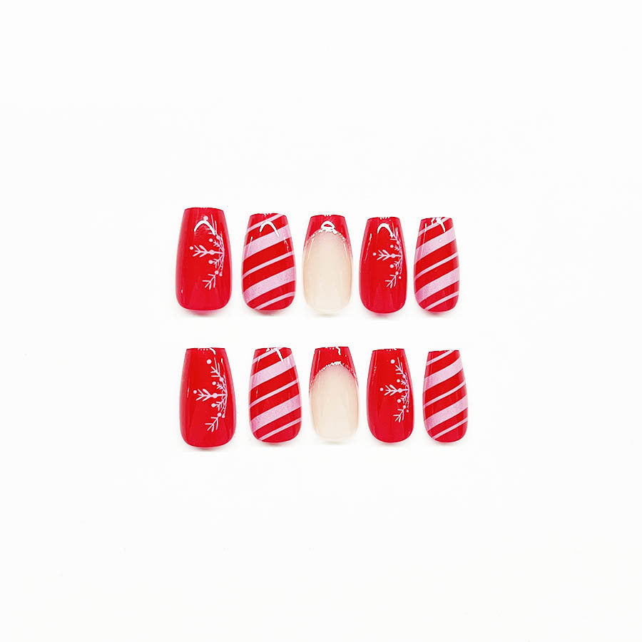 Christmas Red White Stripe Snowflake False Nails