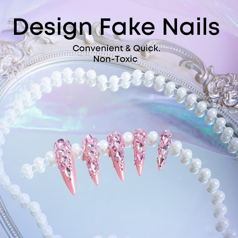 Popular Long Pointed Handmade Full-Diamond Pink Nails