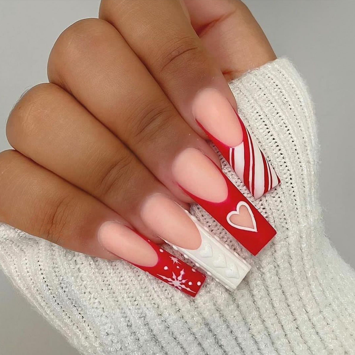 Christmas Red White Striped Nails with Heart Snowflakes