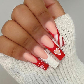 Christmas Red White Striped Nails with Heart Snowflakes