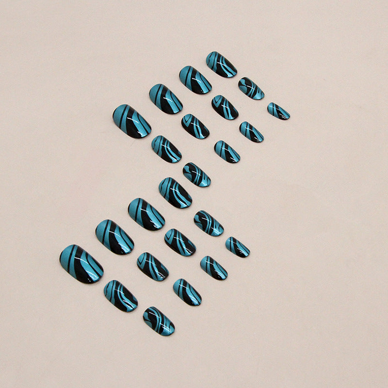 Aurora Blue Wave Oval Nails - Ins Style, Sweet & Cool