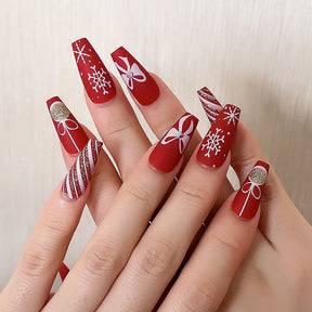 Christmas Mid-Length Ballet Red Matte Snowflake Bow Diamond Nails