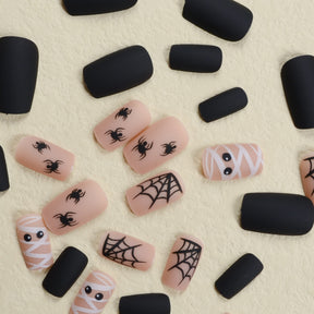 Dark Black Spider Halloween Nails, Matte Finish