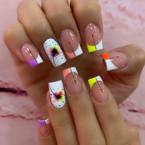 White Color Block French Square Nails with Fireworks and Polka Dots