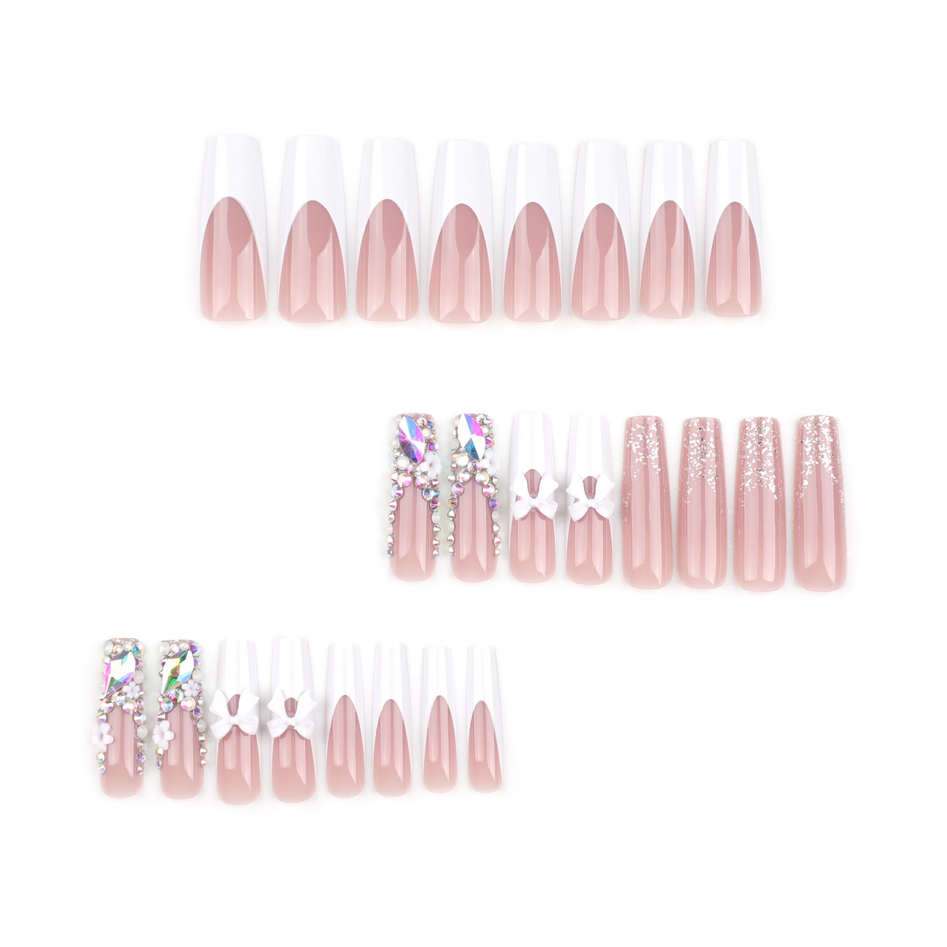 Wholesale Flashy Diamond French Nail Art Tips, White Bow and Flower Squares