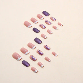 Minimalist French Purple Flash Nails, Medium Length Square, Reusable