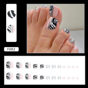 Shiny Zebra Pattern Bicolor Toe Nails Black White Sweet Cool