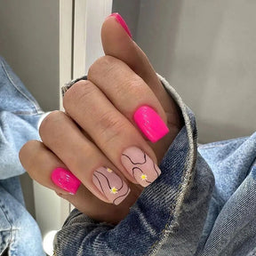 Barbie Pink Daisy Cracked Nails, Irregular Black Lines