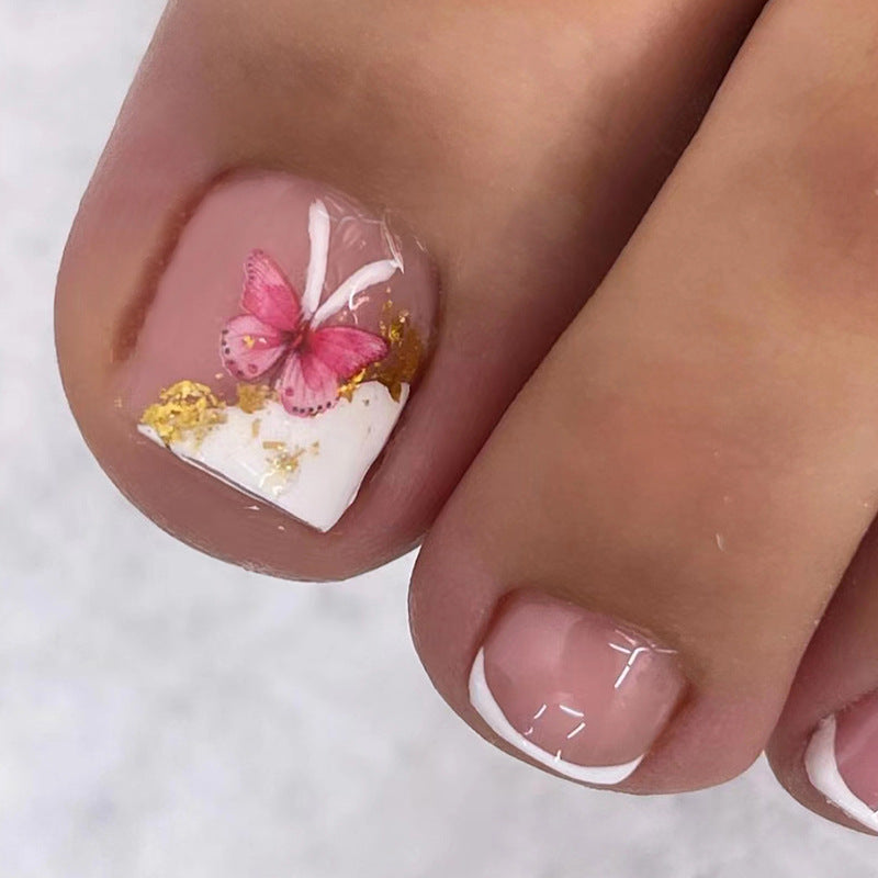 Pure Desire White French Nails with Pink Butterflies