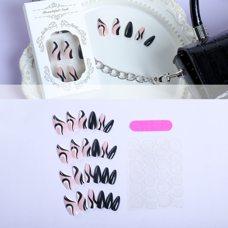 New Almond Shaped Nail Tips with Black Wave Pattern