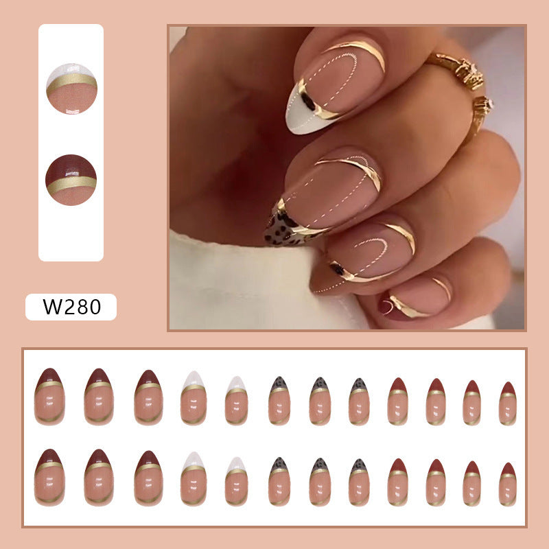 Shiny Gold-Edge Leopard French Almond Fall Nails 24-Piece Set