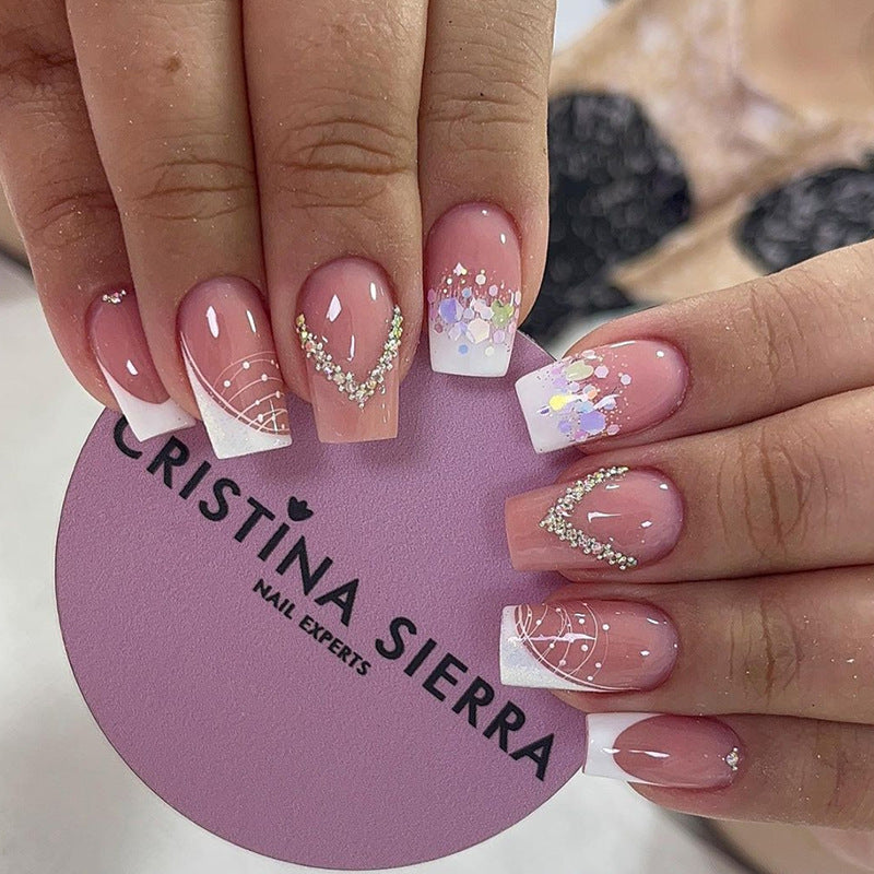 Simple French Soft Girl Nails Shiny Glitter with Rhinestones