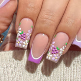 Purple Edge French Nails with White Flowers and Grapes