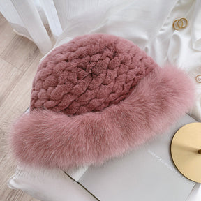 Cute Real Rabbit Fur Hat with Fox Trim - Winter Warmth