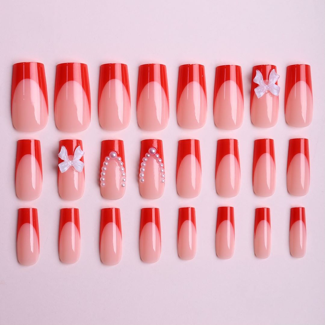 Red French Water Pipe Bow Nails, Removable Nail Art Patches