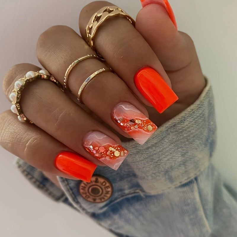 Chic Sequin Nails with Orange-Red Gradient