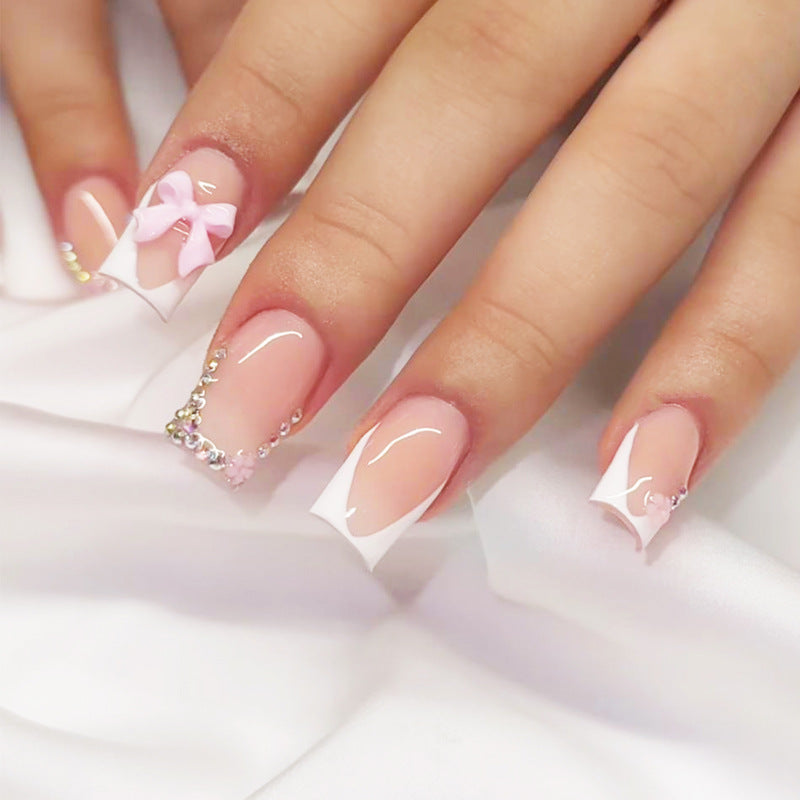 New Square French Tip Bow Nails