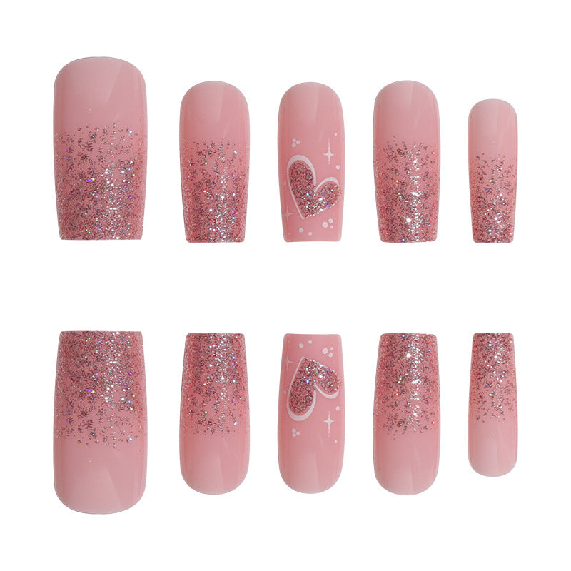 Square Gradient French Nail Extensions with Sparkle Hearts