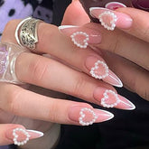 Almond French Nail Extensions with Heart and Pearl Design