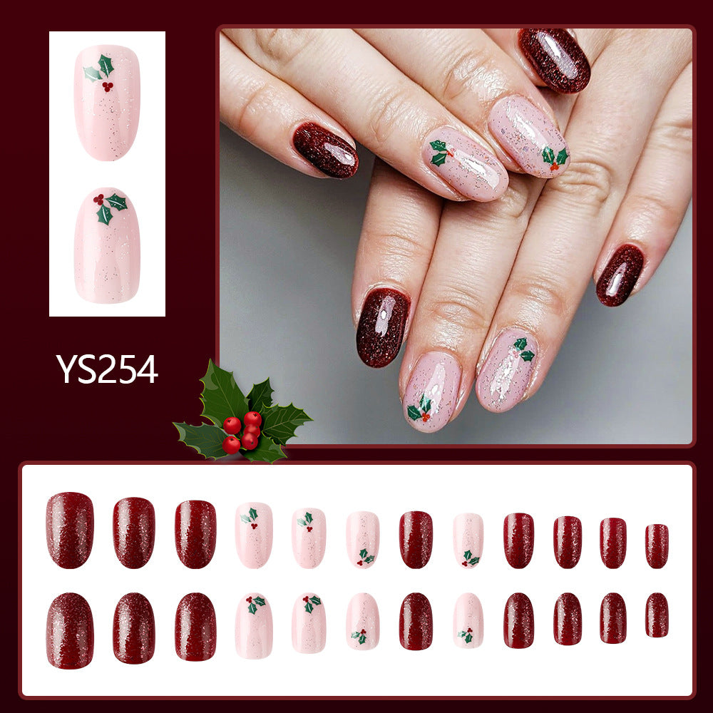 Short Shiny Oval Christmas Nails - Glitter, Leaves, Berries