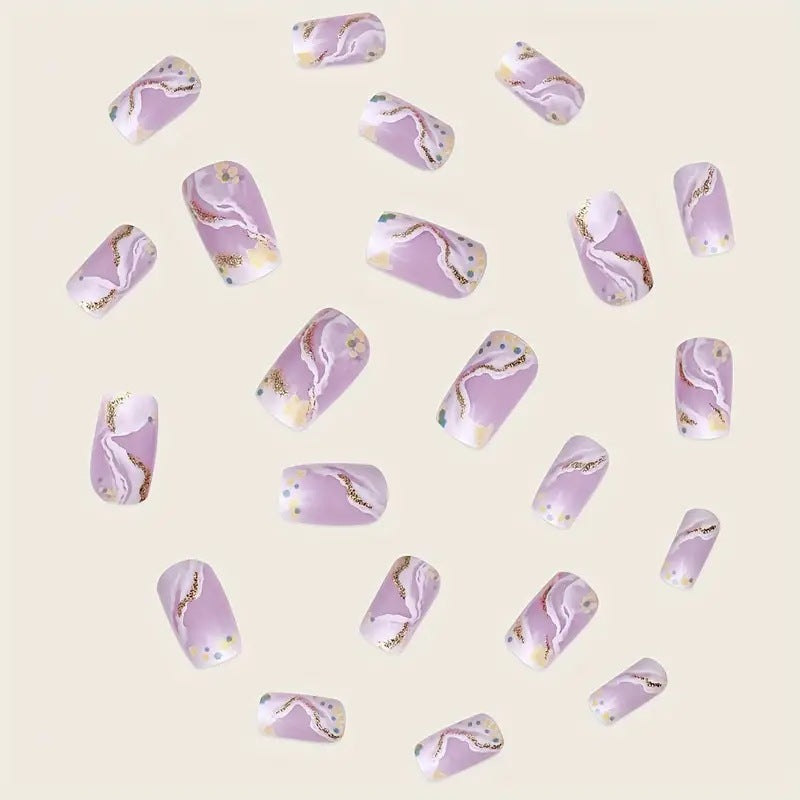 Elegant Marble Pattern Gold Foil Purple Removable Nails