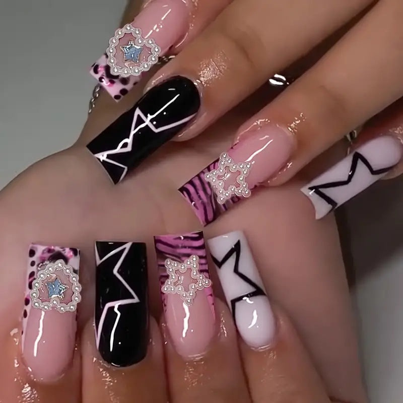 Detachable French Black and White Star Nail Tips