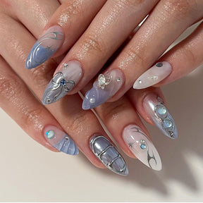 3D Pearl Bow French Wave Nails with Water Drop Pattern