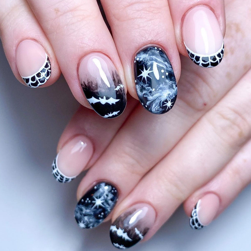 Short Round Cow Print Bat Halloween Nail Tips