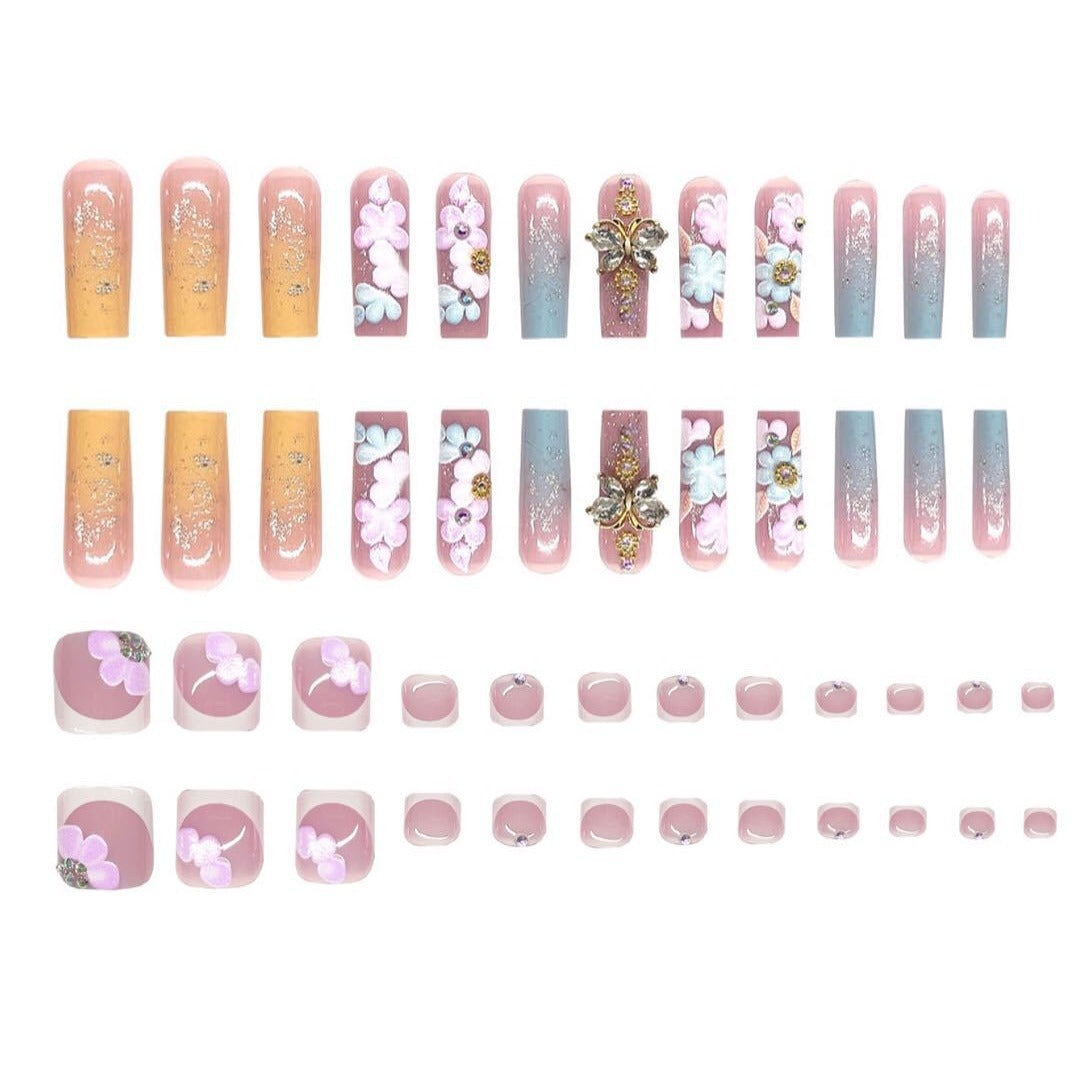 Classic Sweet Flower Nails with Gradient and Butterfly