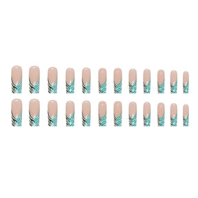 Green and White Irregular Line Mid-Length Nails for Elegant Look