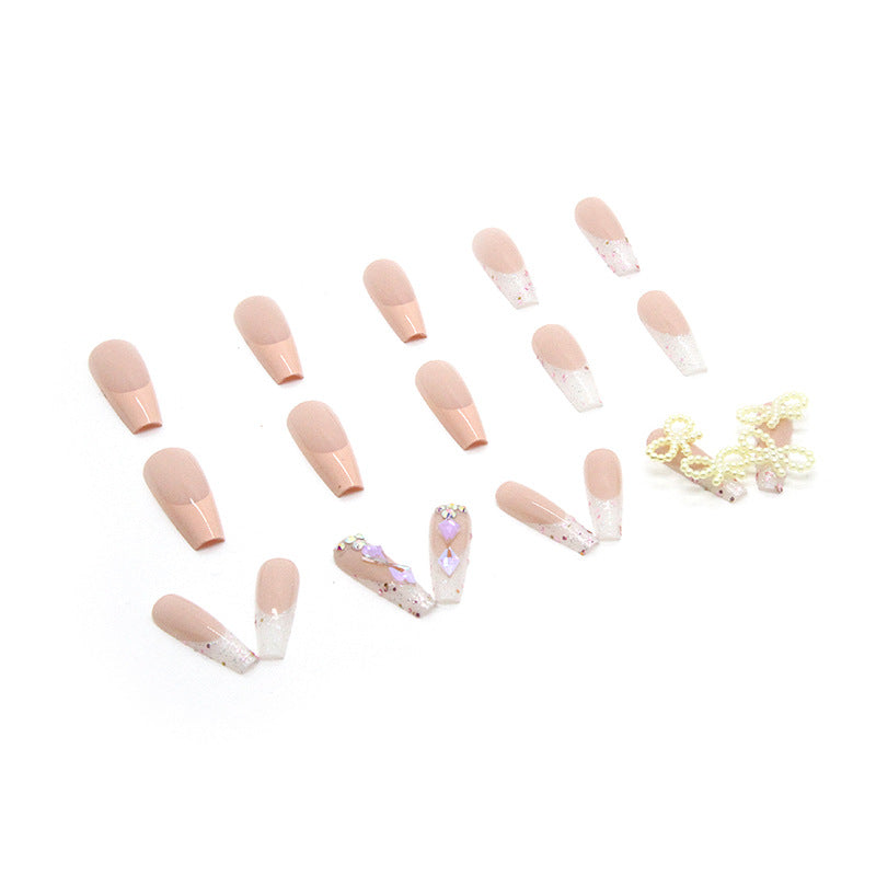 Shiny Drill Pearl Bow Wearable Nails, Ins Style, French Tip