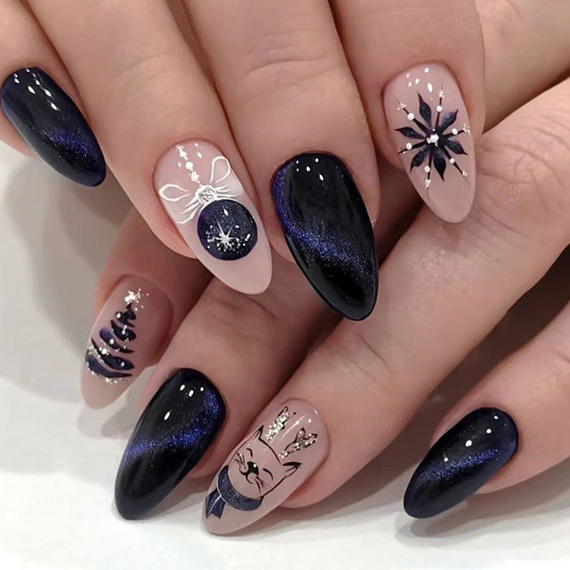 Blue Black Night Sky Glitter Almond Nails, Christmas Theme