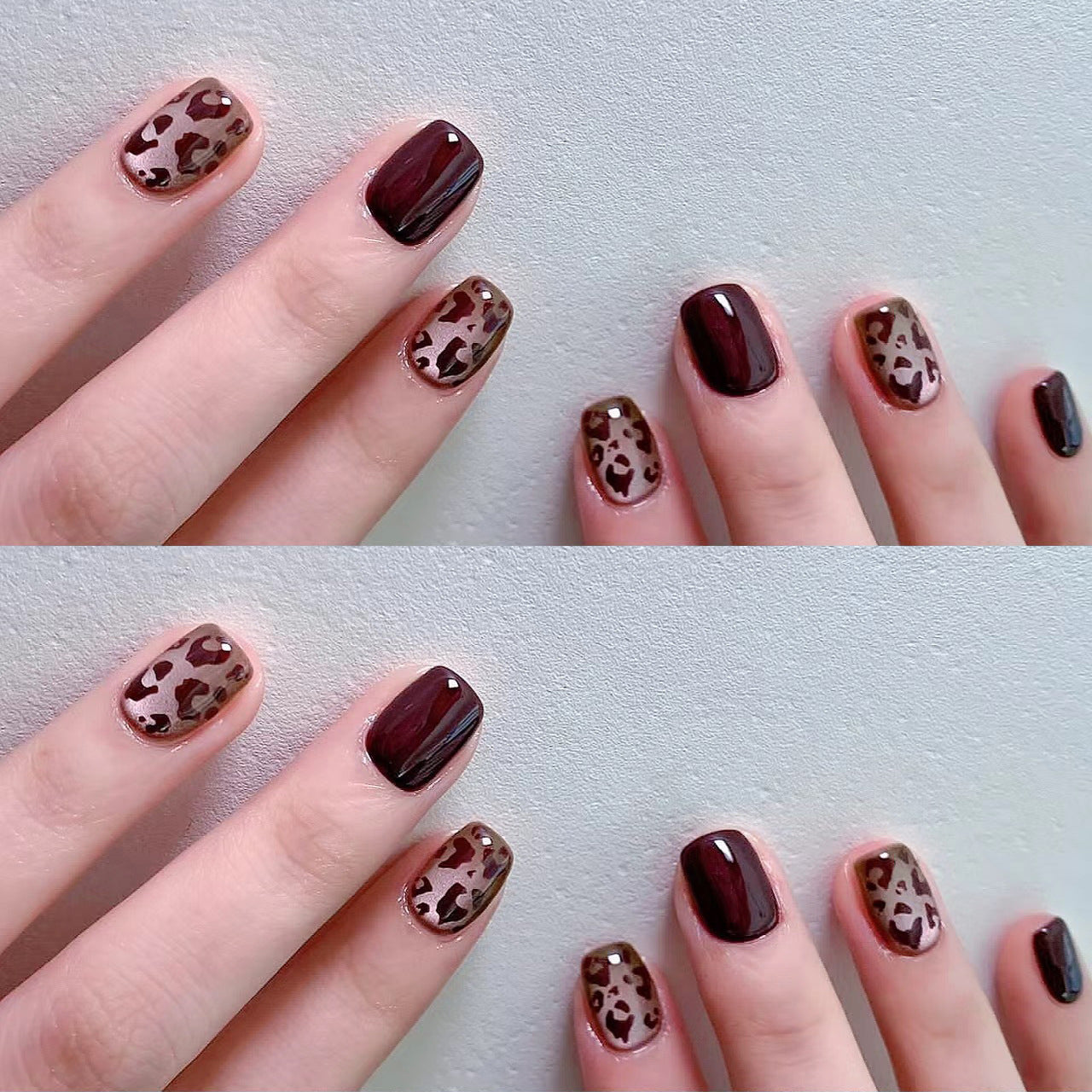 Burgundy Leopard Cat Eye Nail Tips for Autumn