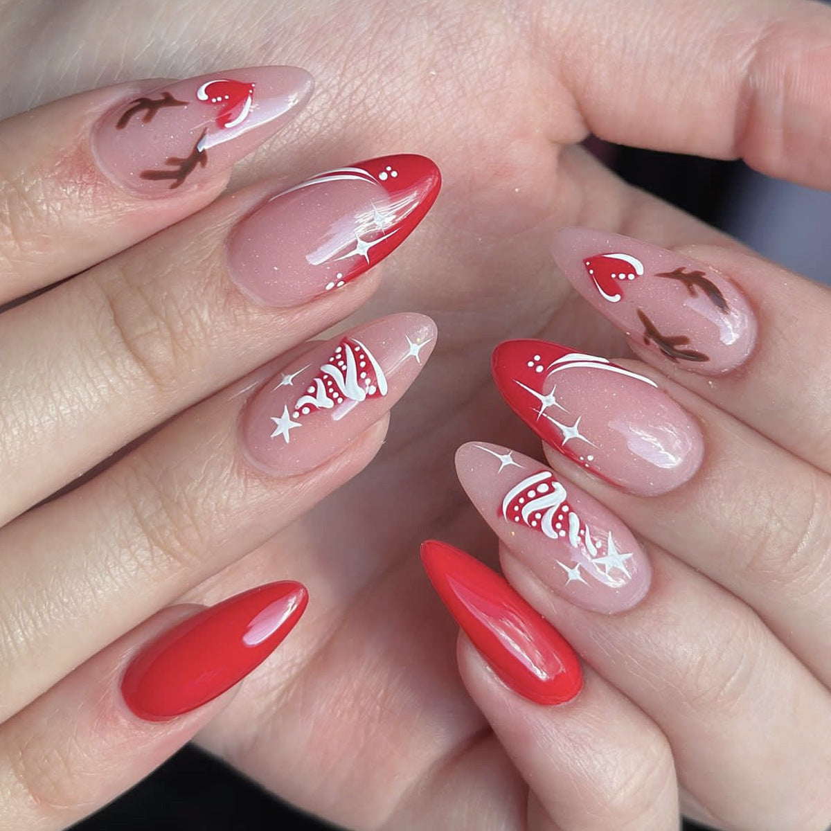 Christmas Red French Heart Reindeer Tree Print Removable Nails