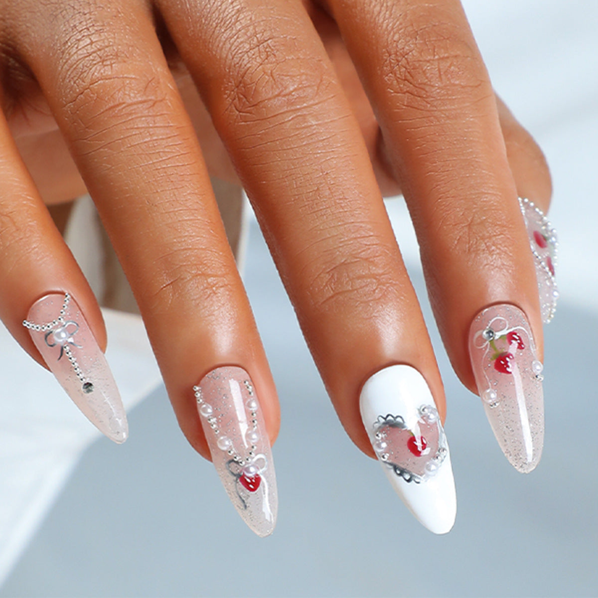 Handcrafted Luxury Strawberry Heart Baroque Nails