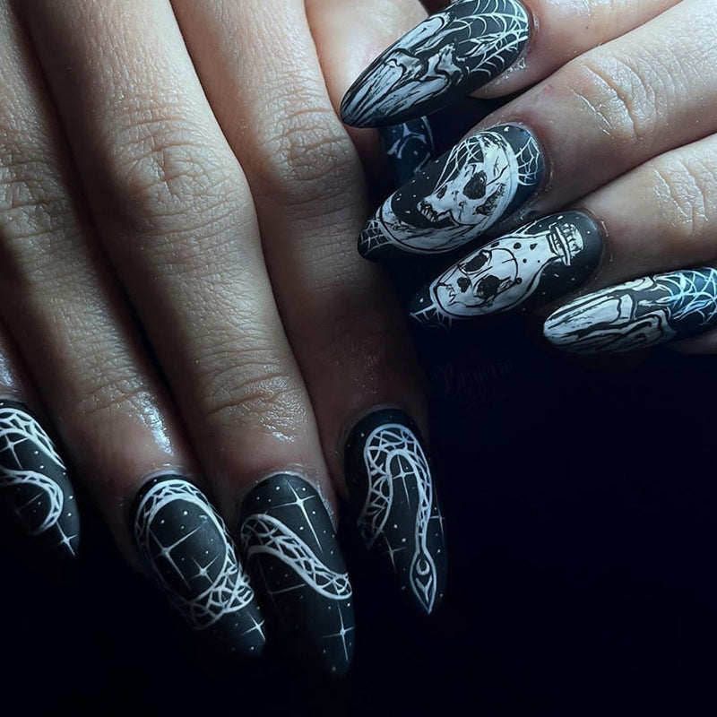 Black Matte Almond Skull Nail Stickers