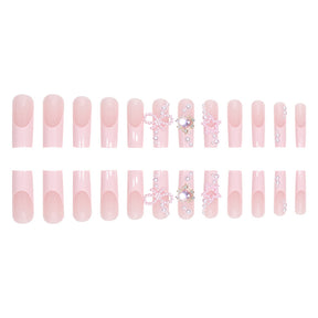 Charming Pink French Nail Tips with Pearls, Bow