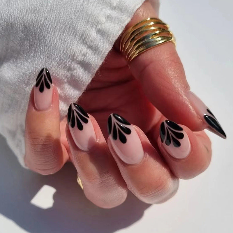 Sweet Cool Black Petal Drop French Nails Simple Chic Ins Style Almond Nails