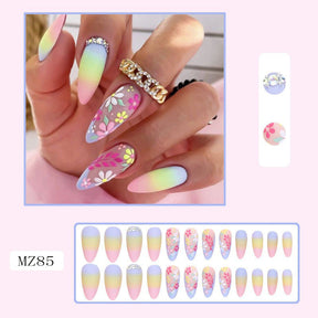 Edgy Almond Nail Tips with Rainbow Flower Design