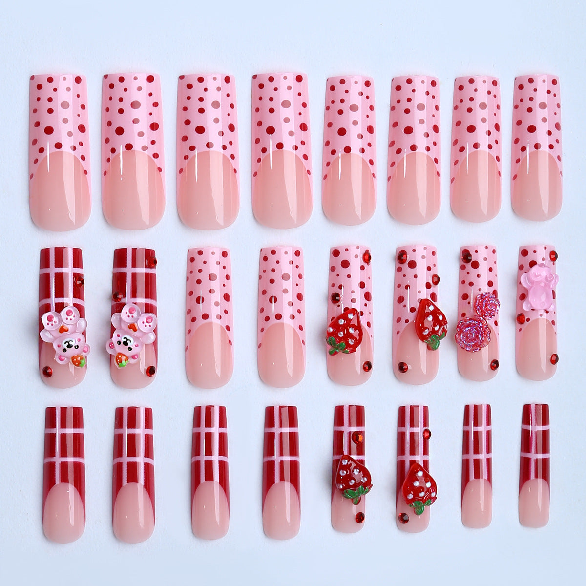 Cute Long Polka Dot Nail Tips with Strawberries, Bears, and Roses