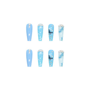 Shiny Blue Ice Butterfly Fall Nails - Long Press-On (24PCS)